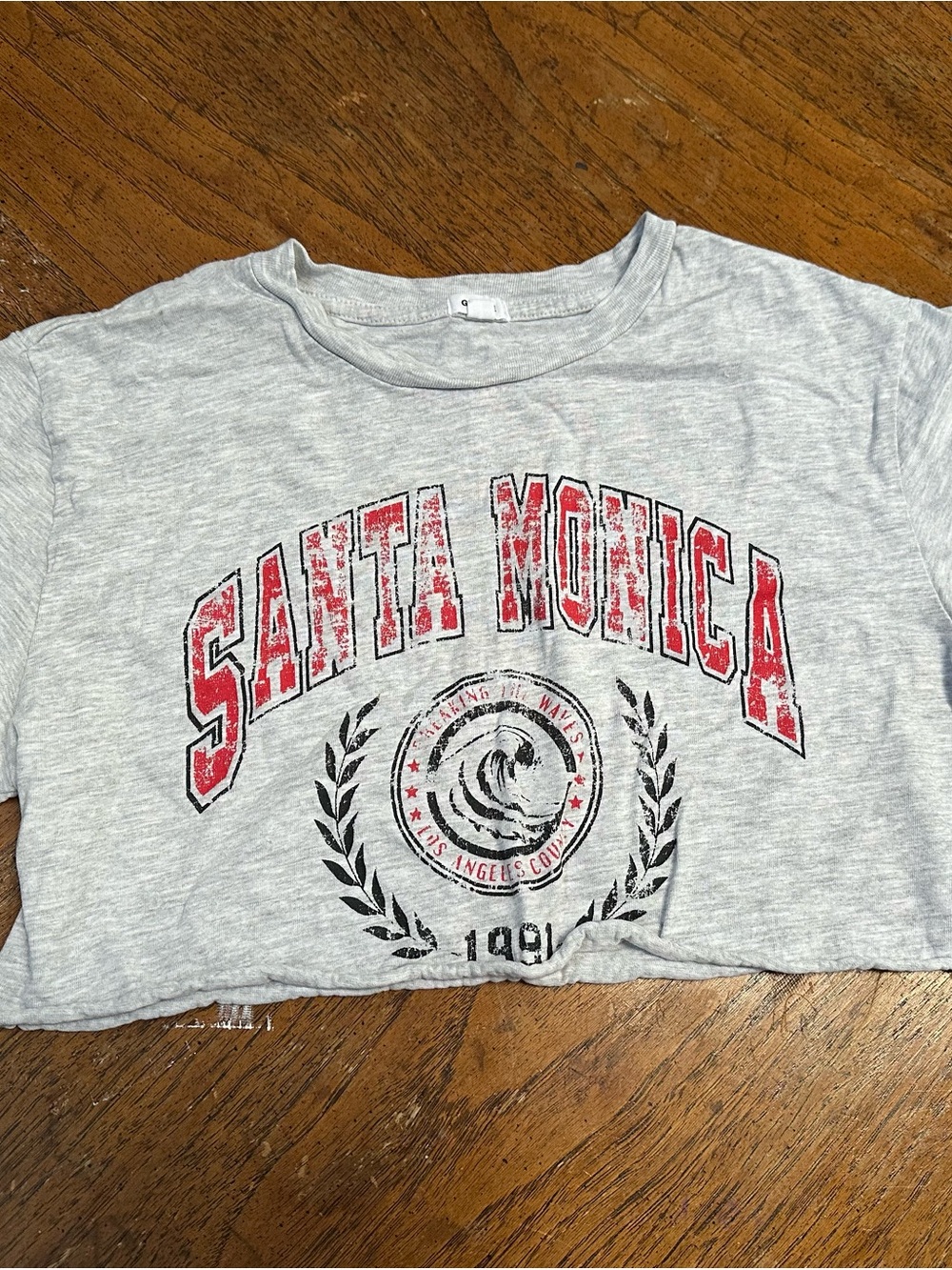 Santa Monica Graphic Cropped Tee- Light Gray with Red Print